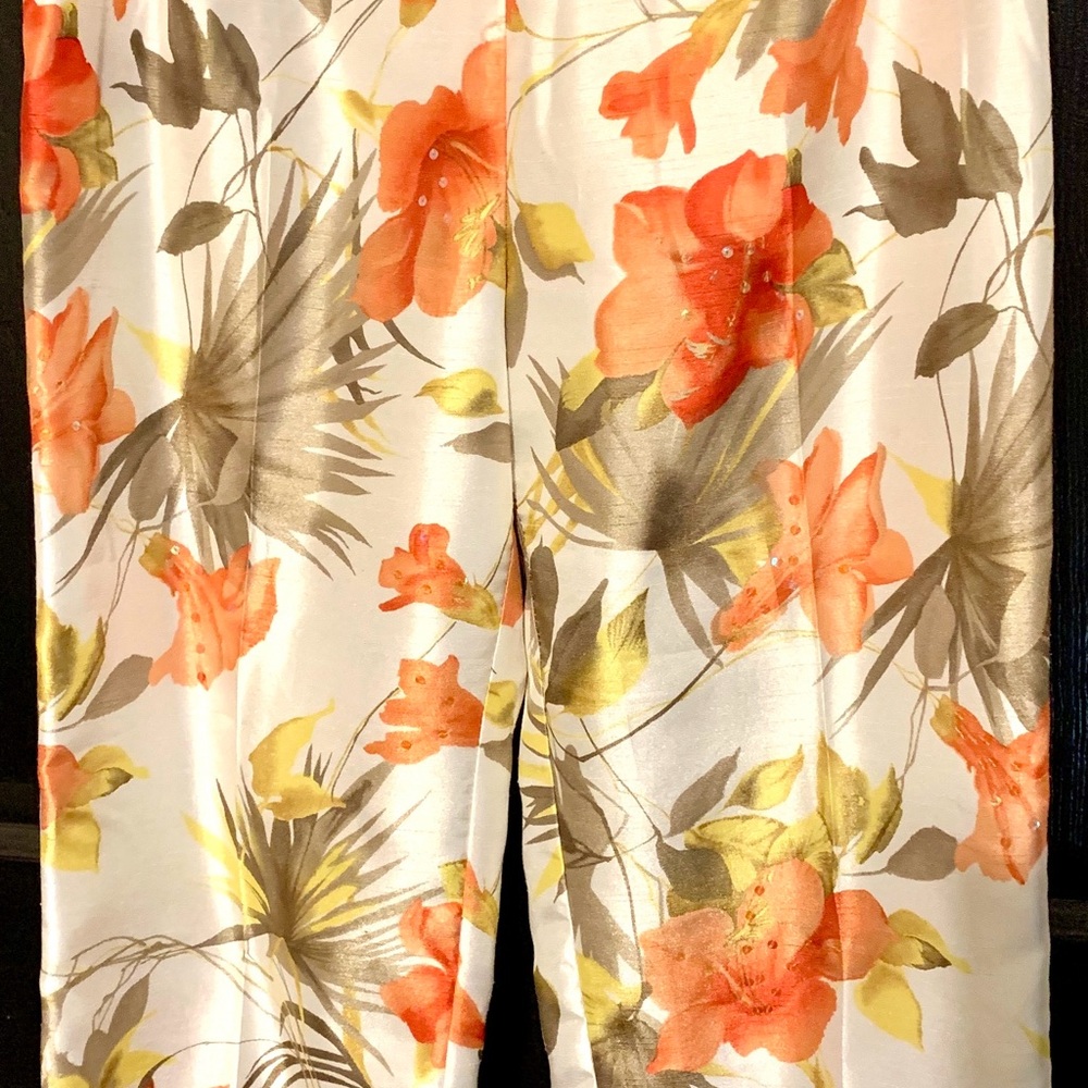 Vintage Sheri Martin Botanical Print Satin Capri Pants Petite Size 4
